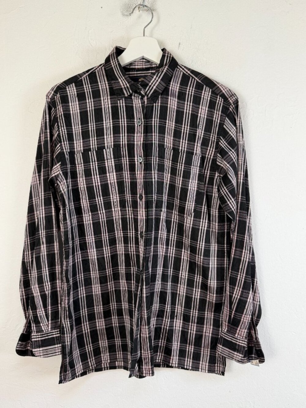 British Khaki Womens Silk Plaid Button Down Shirt Long Sleeve Black Pink Small